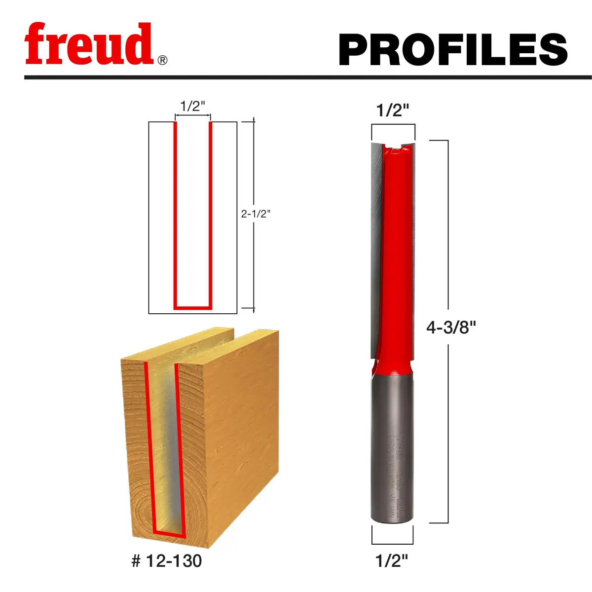 Freud 12-130: 1/2" (Dia.) Double Flute Straight Bit (Eclipse Grind),Red | Long-lasting carbide, clean cuts in wood - view 2