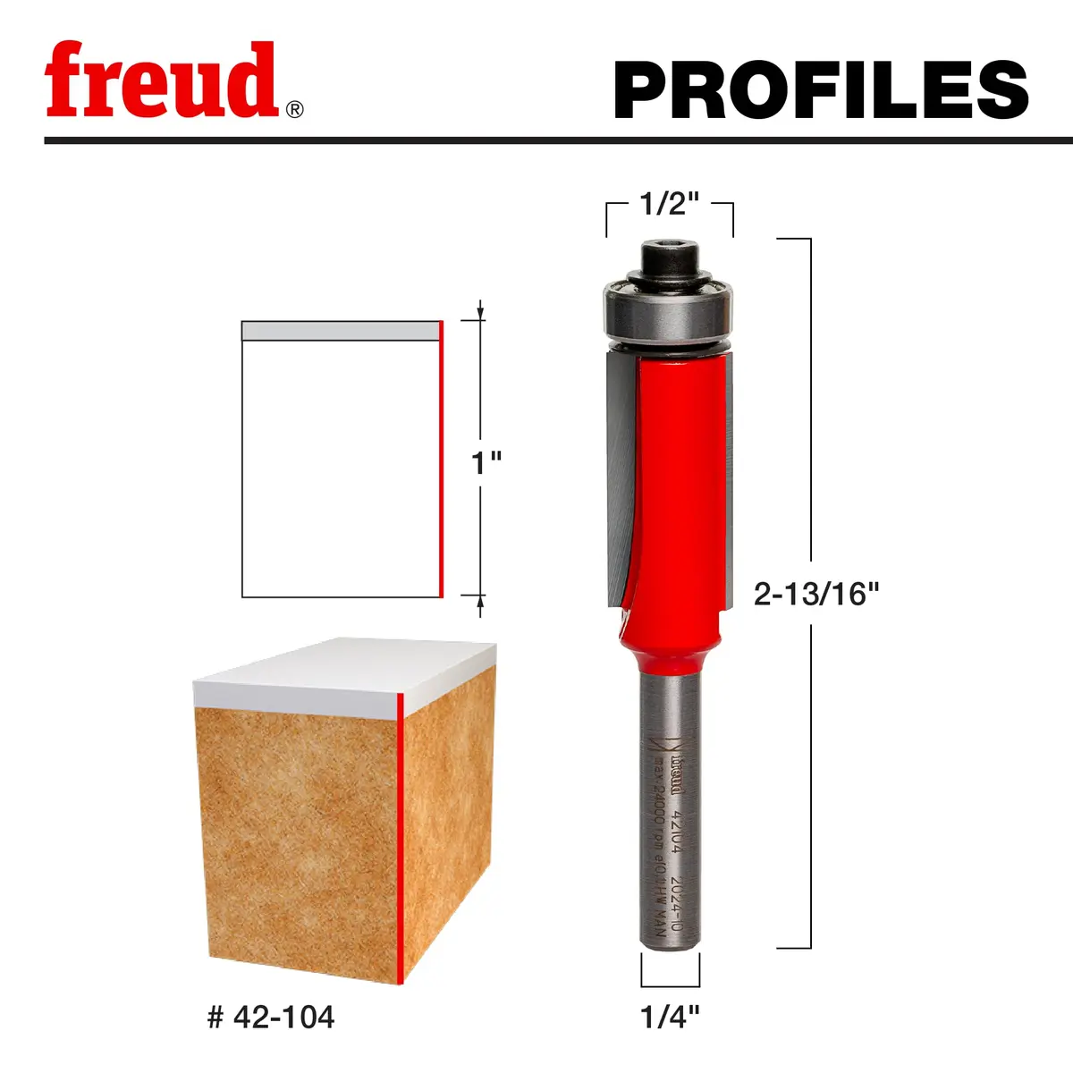 Freud 42-104: 1/2" (Dia.) Bearing Flush Trim Bit | 1/4" Shank, 2 Flutes, Carbide, Titanium Coated - view 2