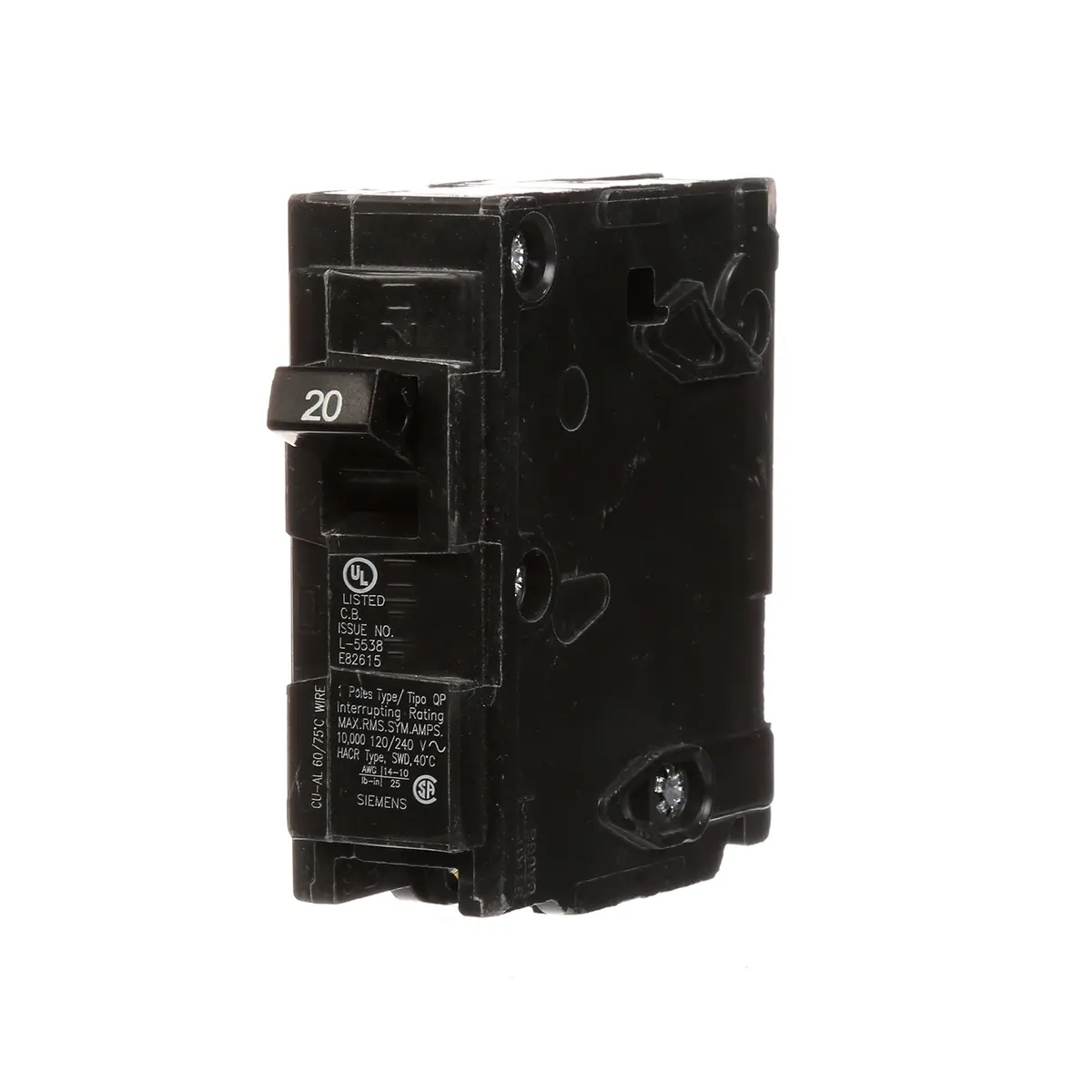 Siemens Q120 20-Amp Single Pole Circuit Breaker | Type QP, 120V, 20A, Black - main product image