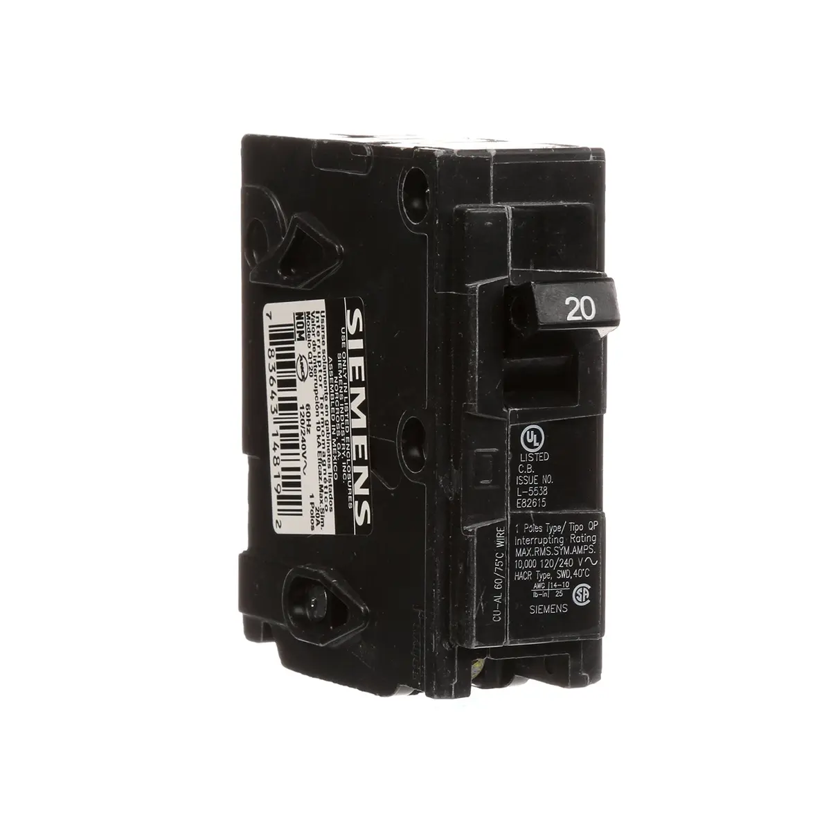 Siemens Q120 20-Amp Single Pole Circuit Breaker | Type QP, 120V, 20A, Black - view 2