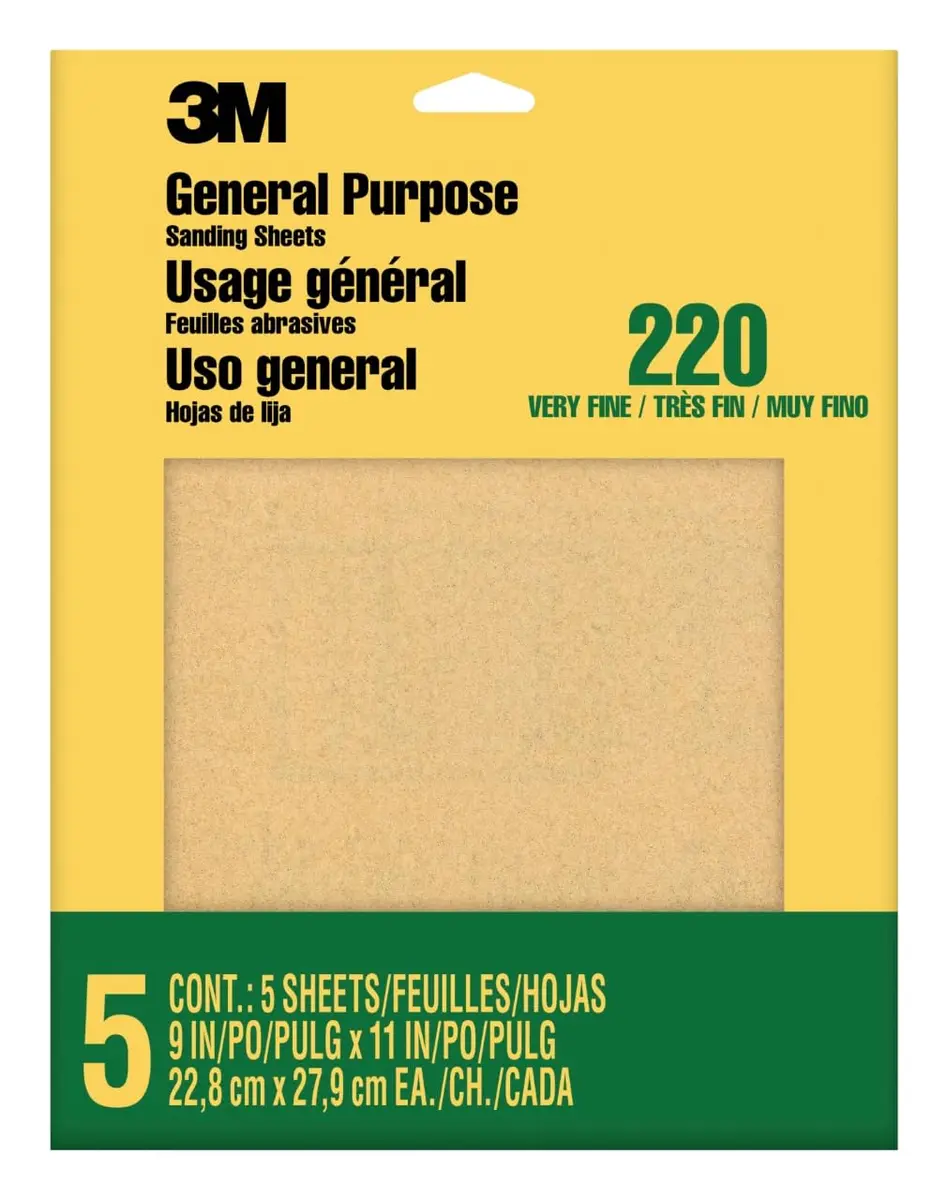 3M Aluminum Oxide Sandpaper 220 Grit, 9 x 11 in, 5 Sheets | Very Fine Grit for Wood, Metal & Paint - main product image