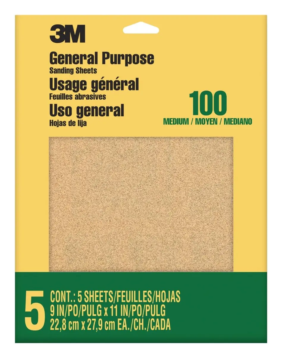 3M Sandpaper 100 Grit Medium Aluminum Oxide 9 in x 11 in (5-Pack) | Sands Paint, Wood & Metal - main product image