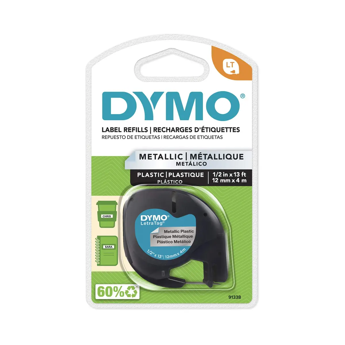 DYMO LetraTag Labeling Tape, Black on Metallic Silver, 12mm (0.5'') x 4m (13') | Durable Plastic Labels for Home Organization - main product image