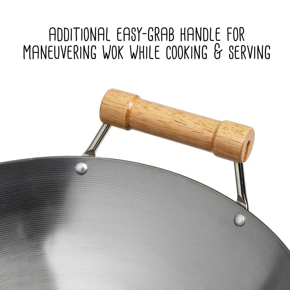 Joyce Chen Classic Series 14-Inch Round Bottom Carbon Steel Wok with Birch Handles | Traditional Asian-Style Cookware - view 6