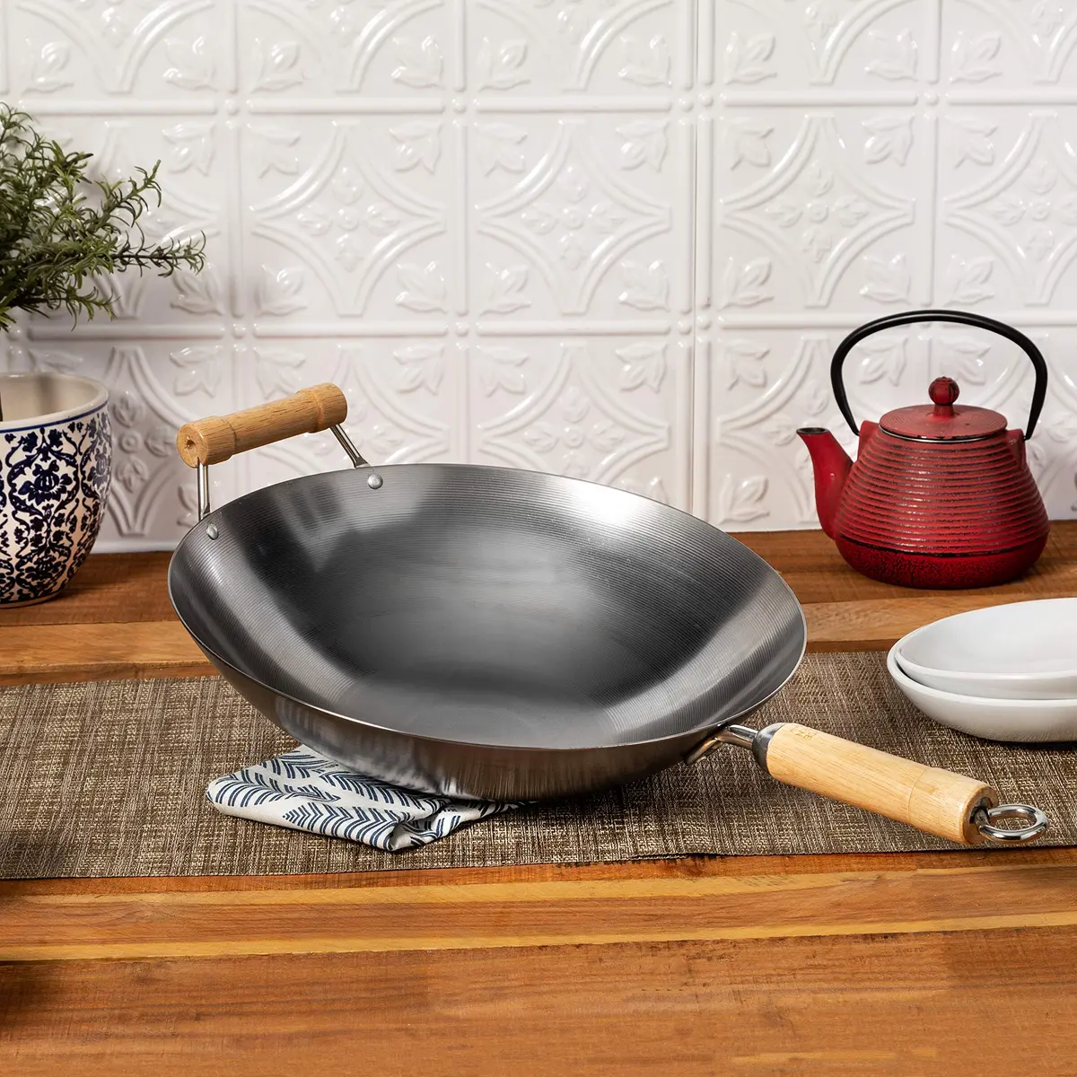 Joyce Chen Classic Series 14-Inch Round Bottom Carbon Steel Wok with Birch Handles | Traditional Asian-Style Cookware - view 2
