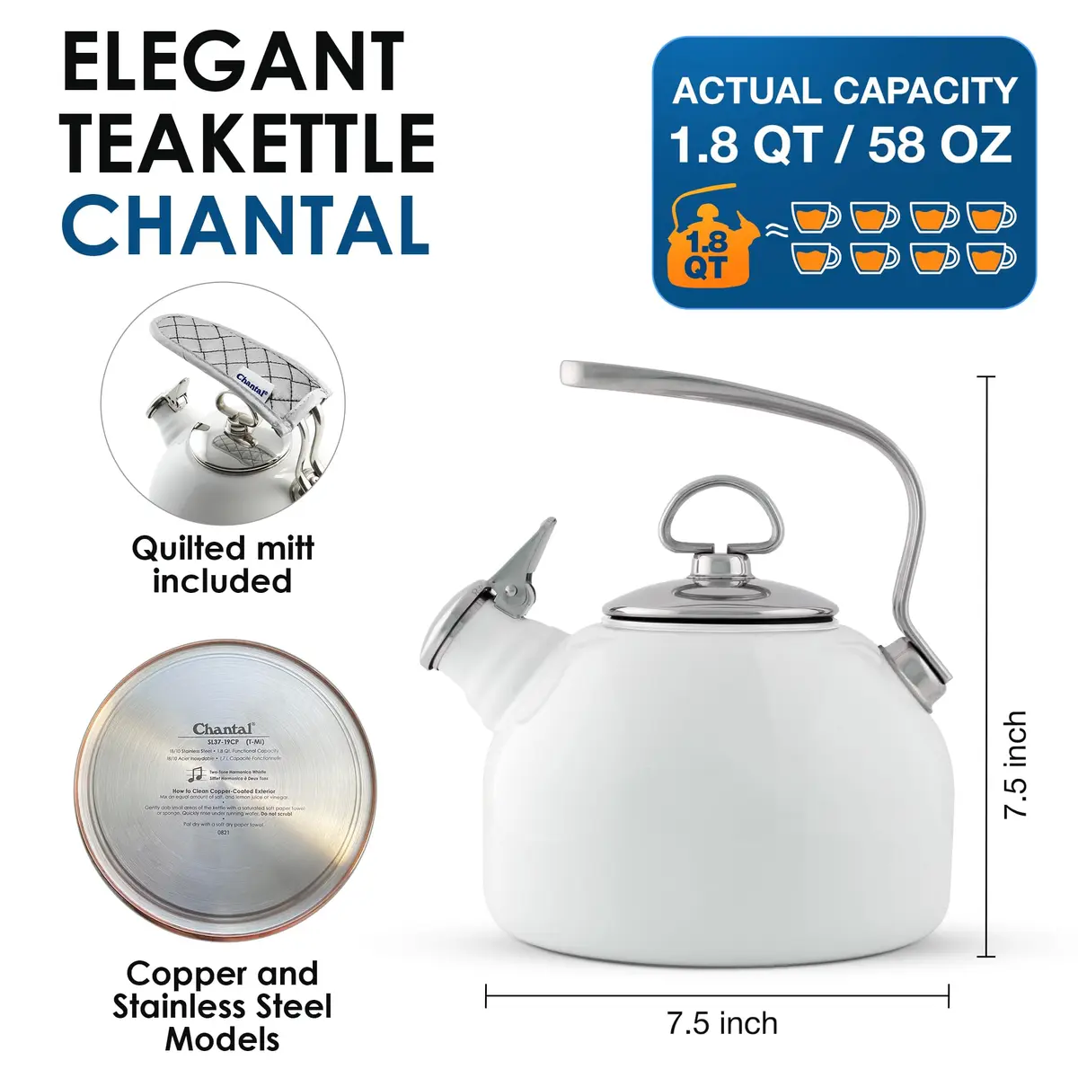 Chantal Classic Teakettle 1.8 QT White | Enamel Steel Rapid Boil & Harmonica Whistle - view 5