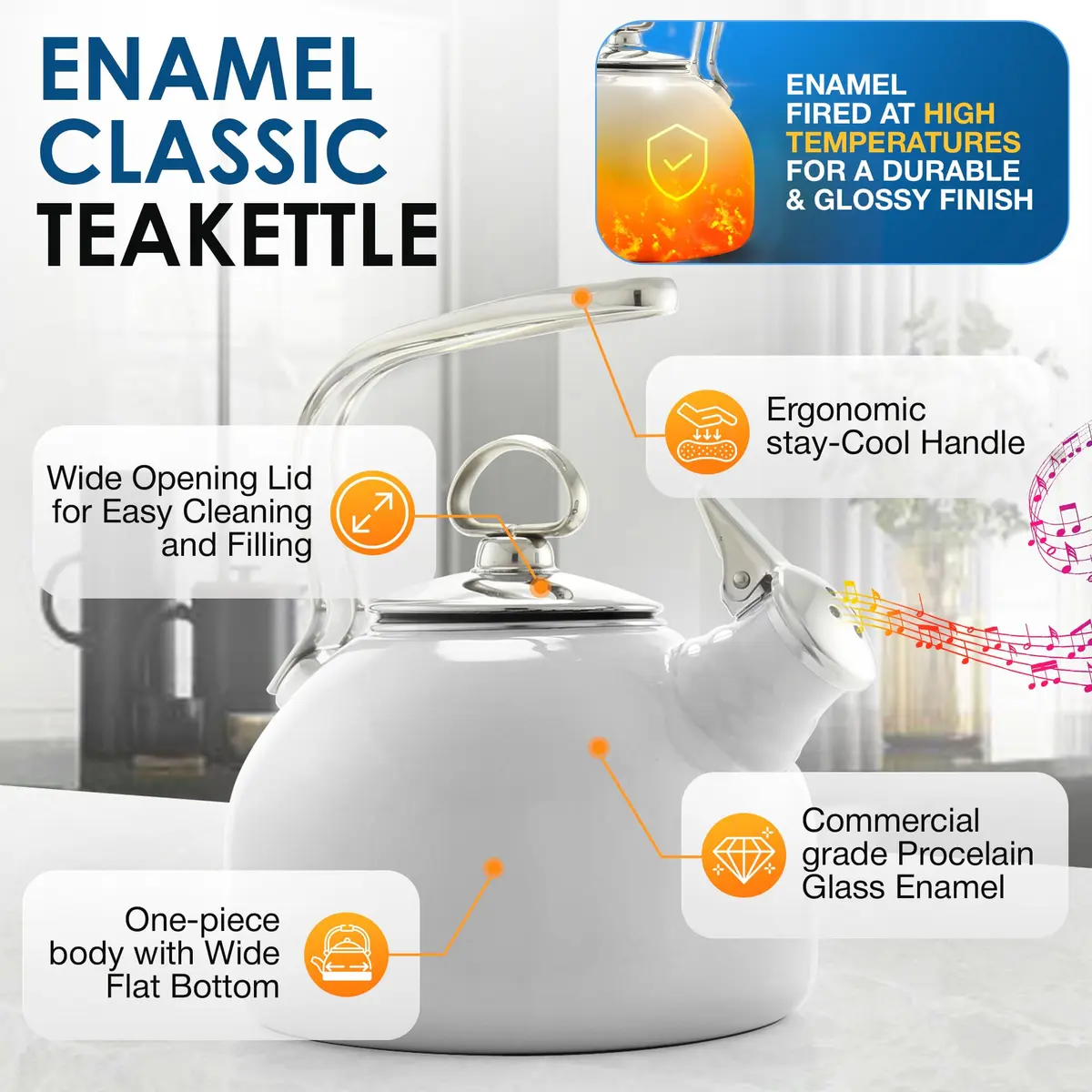 Chantal Classic Teakettle 1.8 QT White | Enamel Steel Rapid Boil & Harmonica Whistle - view 2