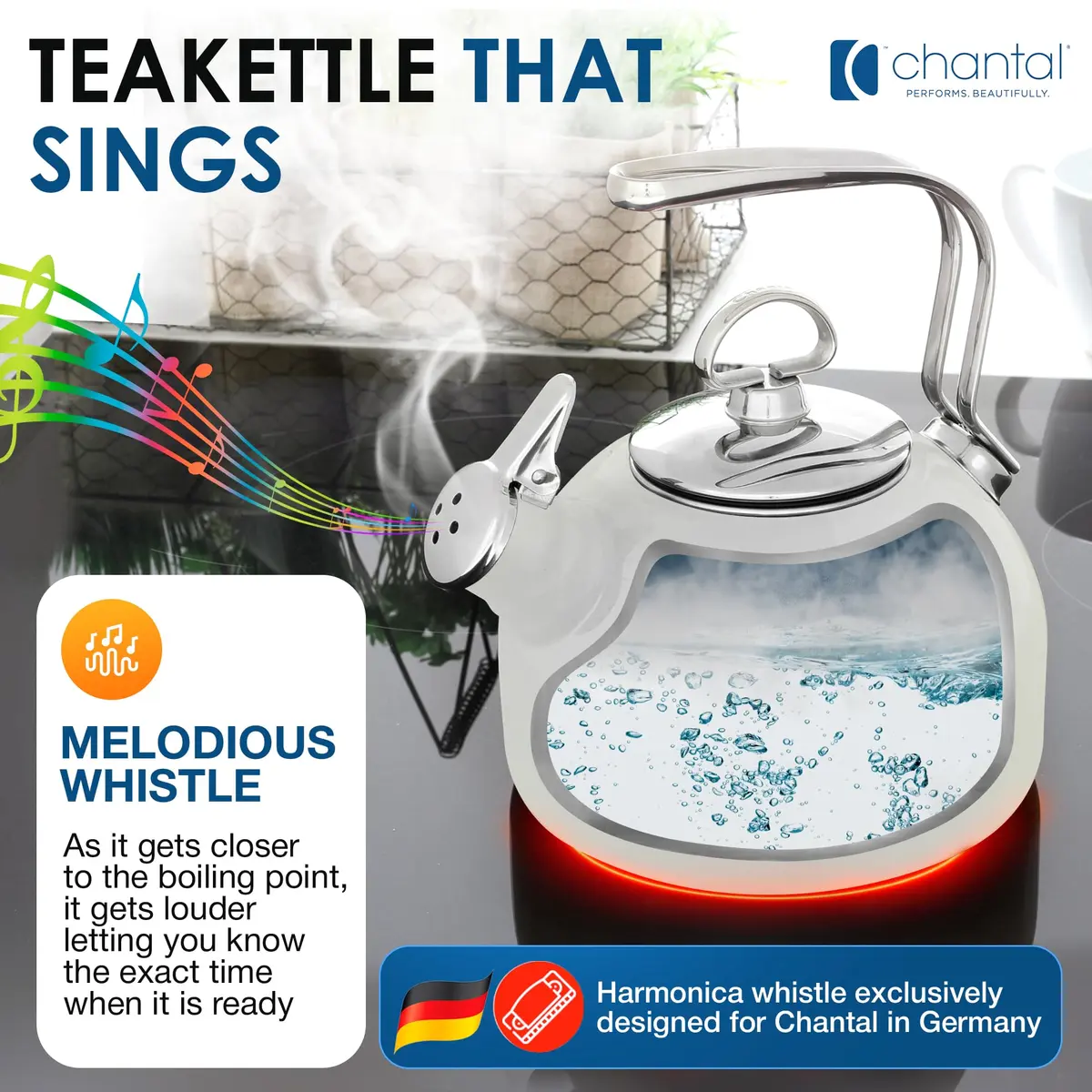 Chantal Classic Teakettle 1.8 QT White | Enamel Steel Rapid Boil & Harmonica Whistle - view 4