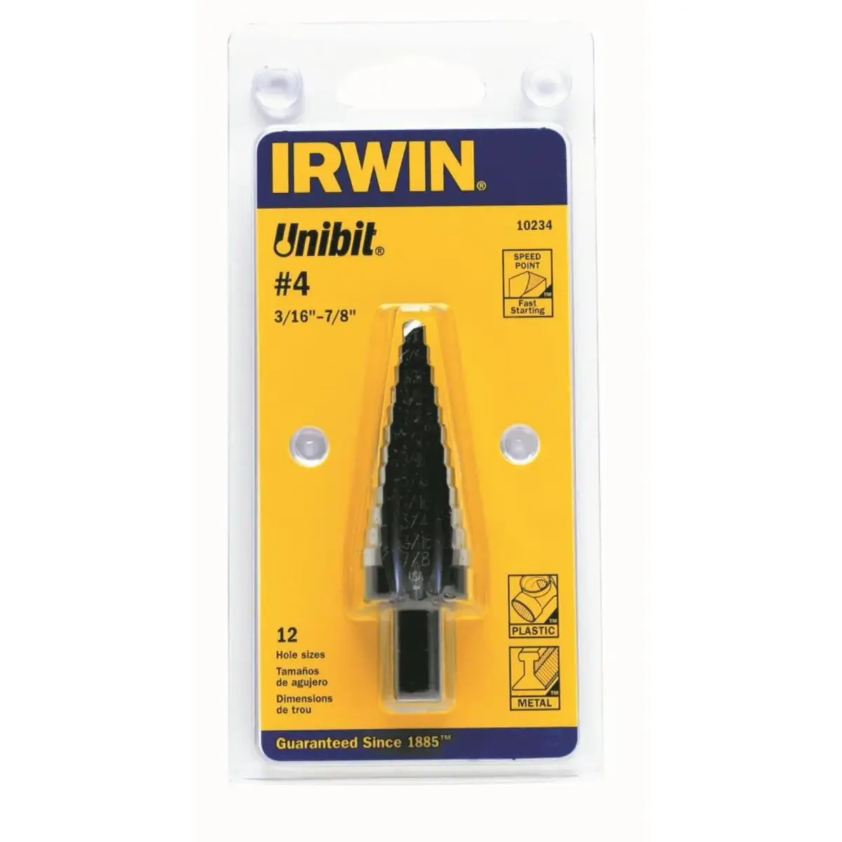 IRWIN 10234 Unibit #4 Step Drill Bit 3/16-7/8" (2.2-22.2mm) | High Speed Steel with 3-Flat Shank - main product image