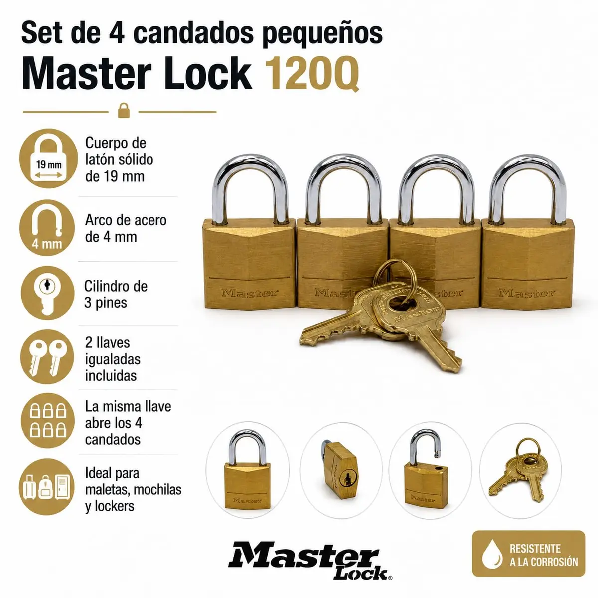 Master Lock Padlock, Solid Brass, 3/4 in. Wide, 120Q, Pack of 4 | Corrosion-Resistant, Keyed Alike - view 2