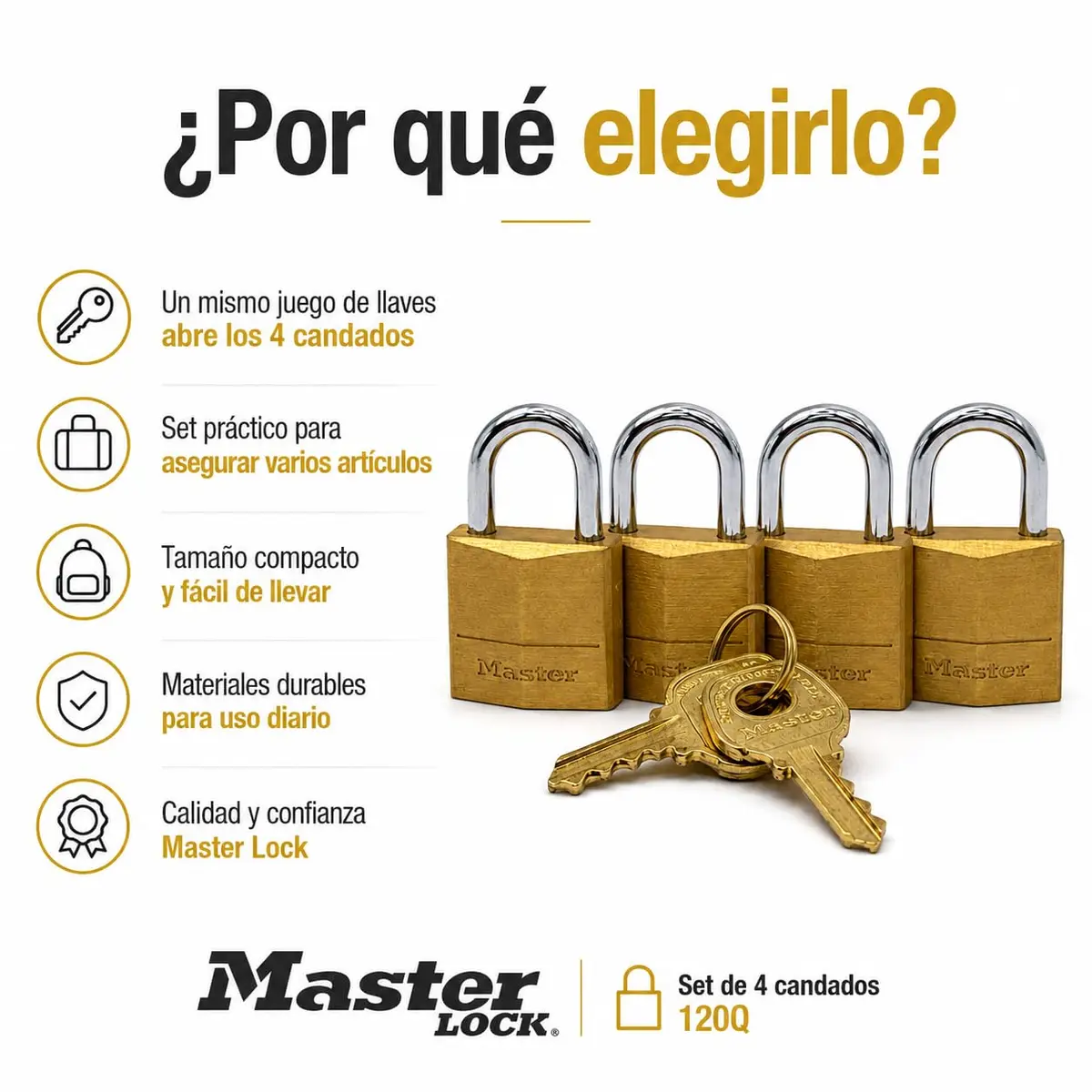 Master Lock Padlock, Solid Brass, 3/4 in. Wide, 120Q, Pack of 4 | Corrosion-Resistant, Keyed Alike - view 3