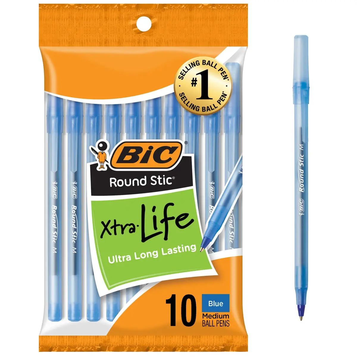 BIC Round Stic Xtra Life Blue Ballpoint Pens, Medium Point (1.0mm), 10-Count Pack | Smooth Writing Comfort - main product image