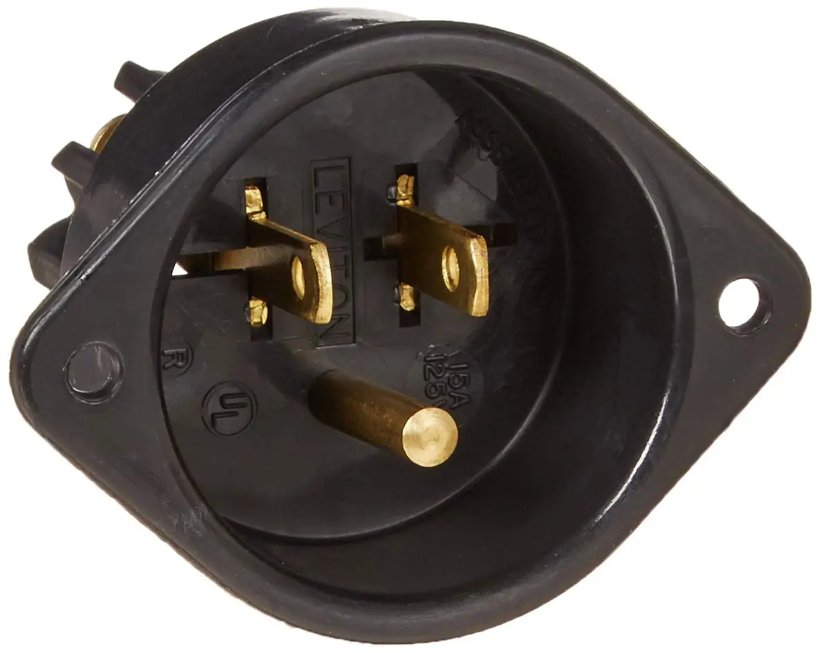 Leviton 15 Amp, 125 Volt, Flanged Inlet Receptacle, Straight Blade, Commercial Grade, Grounding, Back Wired, Black | Heavy-duty UL 498 approved plug - main product image
