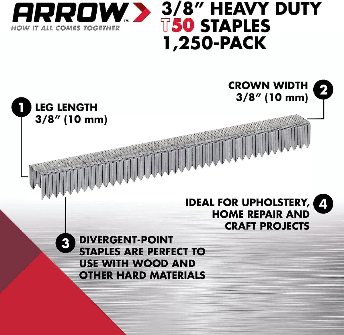 Arrow Heavy Duty Staples 3/8-Inch Leg & Crown | Durable Steel for Upholstery & Construction - view 2