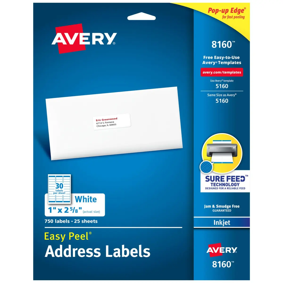 Avery Easy Peel Address Labels, Inkjet Printers, White, 1" x 2-5/8", Box of 750 Labels | Professional Grade - main product image
