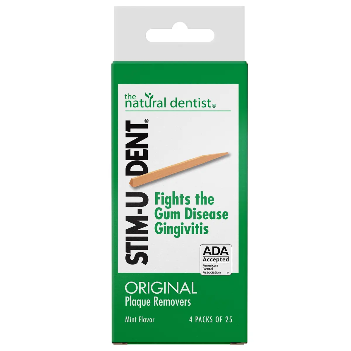 The Natural Dentist Stim-U-Dent Mint Dental Picks, Wooden Toothpicks for Food & Plaque Removal, Travel-Friendly, 4 Packs of 25 (100 Picks) | Natural Mint Flavour for Oral Hygiene - main product image
