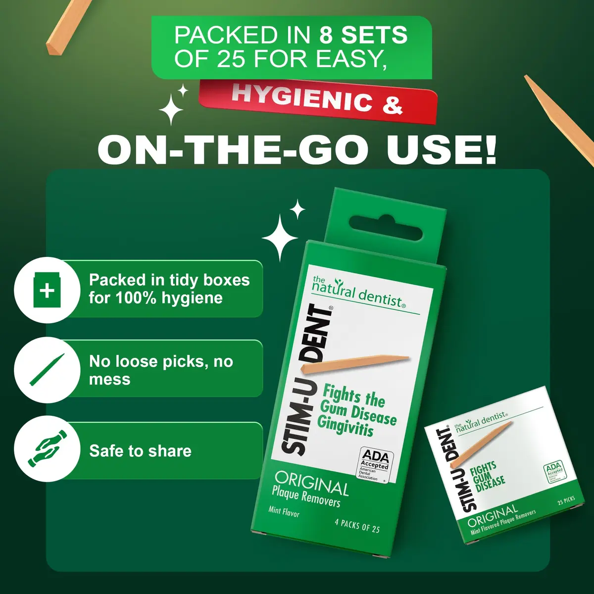 The Natural Dentist Stim-U-Dent Mint Dental Picks, Wooden Toothpicks for Food & Plaque Removal, Travel-Friendly, 4 Packs of 25 (100 Picks) | Natural Mint Flavour for Oral Hygiene - view 7