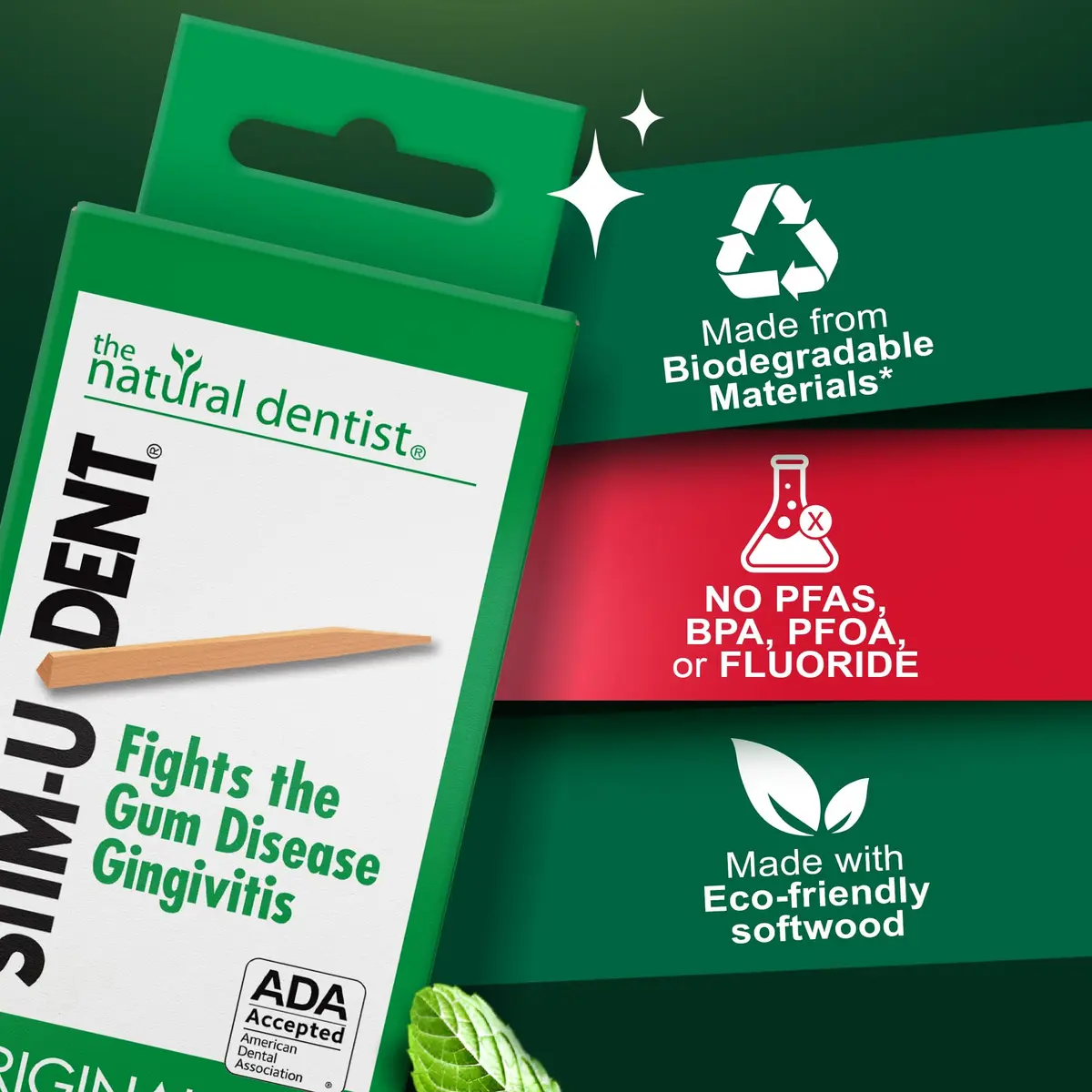 The Natural Dentist Stim-U-Dent Mint Dental Picks, Wooden Toothpicks for Food & Plaque Removal, Travel-Friendly, 4 Packs of 25 (100 Picks) | Natural Mint Flavour for Oral Hygiene - view 8