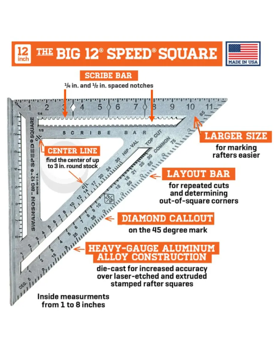 Swanson Tool Co. S0107 "Big 12" Speed Square 30cm (12-Inch) | Professional Layout Tool with Blue Book - view 2