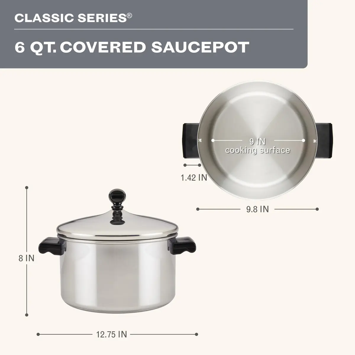 Farberware Classic Series Stainless Steel Stockpot with Lid, 6-Quart | Heavy-Duty, Induction Compatible, Dishwasher Safe - view 3