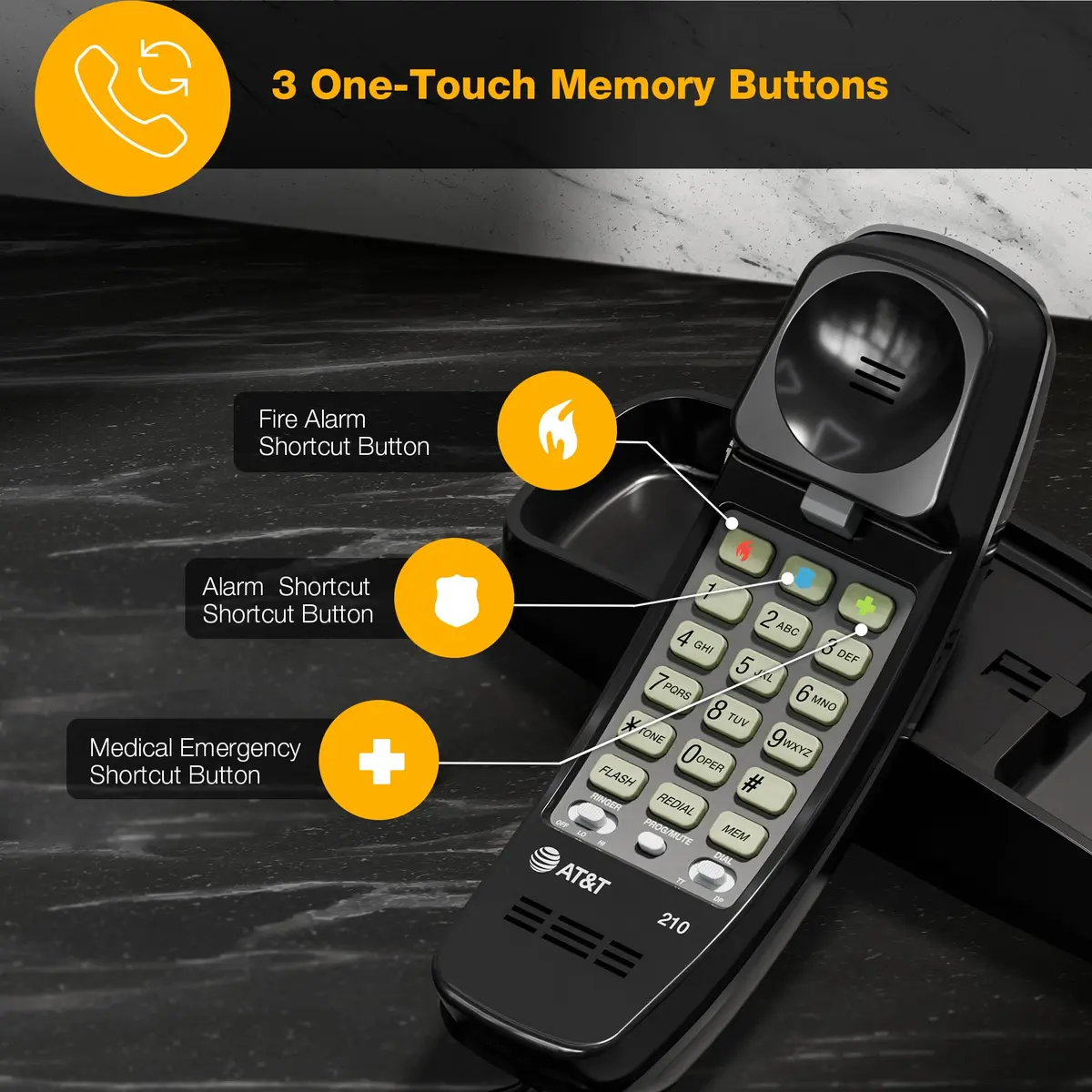 AT&T 210 Basic Trimline Corded Phone | No AC Power Required, Wall-Mountable, Black - view 5