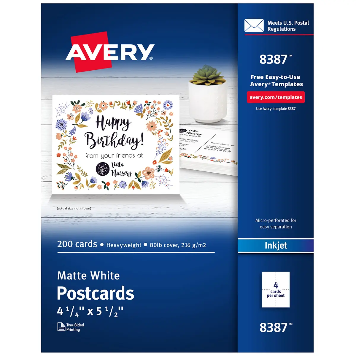 Avery Printable Postcards 4.25" x 5.5" Matte White | Customizable, Double-Sided, 200 Cards - main product image