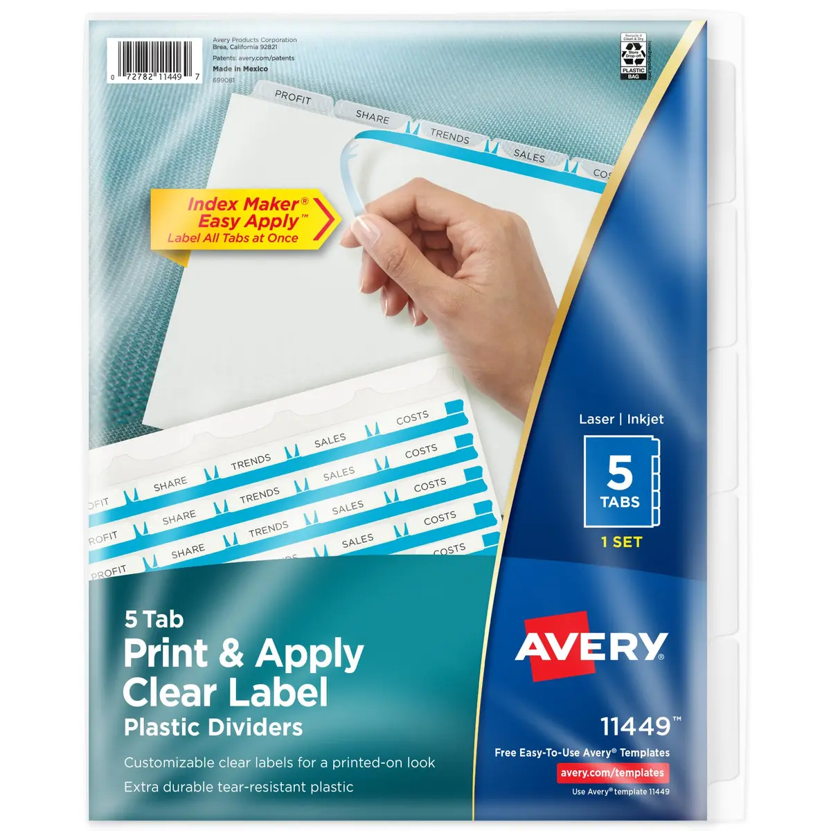 Avery 5 Tab Plastic Dividers for 3 Ring Binder | Customizable Frosted White Tabs, Easy Print & Apply, 1 Set (11449) - main product image
