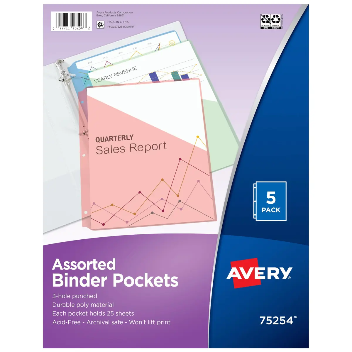 Avery Binder Pockets for 3 Ring Binders, Assorted Colors | Archival-Safe, Fits 8.5" x 11" Documents, 5 Pack - main product image
