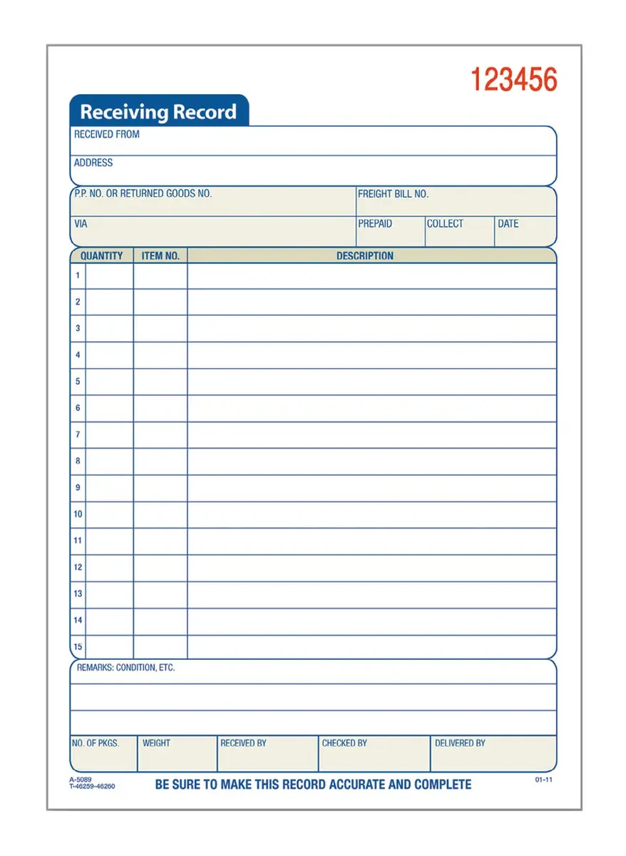 Adams Receiving Record Book, 2-Part, Carbonless, 8-7/16 x 5-9/16 Inches | 50 Sets, White/Canary - main product image