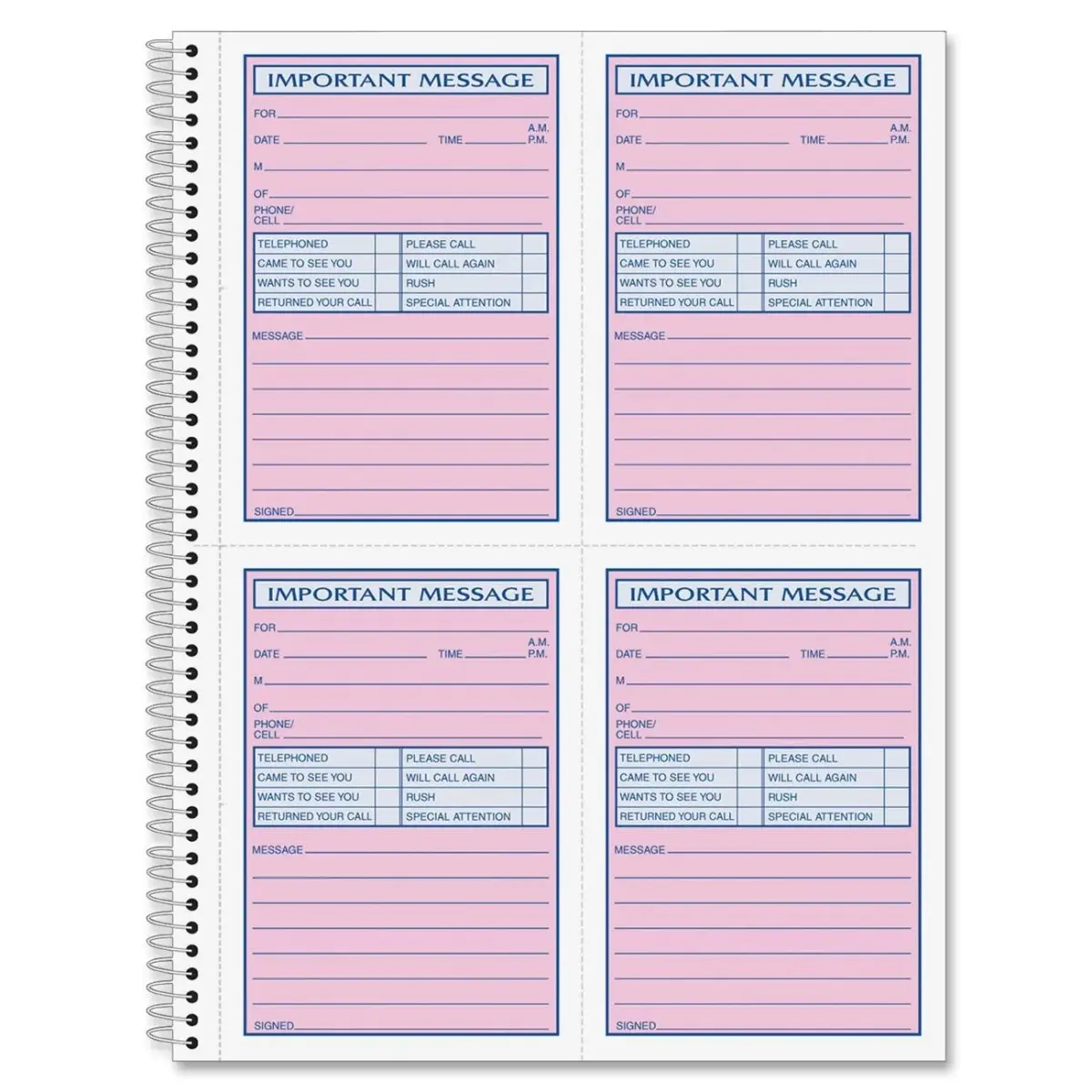 Adams Spiral Bound Phone Message Book, Carbonless Duplicate, 4 Messages per Page, 200 Sets | 1 Pack - main product image