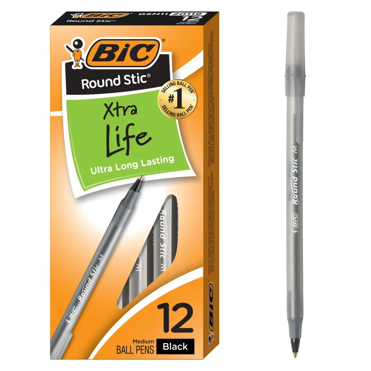 BIC Round Stic Xtra Life Black Ballpoint Pens, 12-Count, 1.0mm Medium Point | Smooth Ink Flow for Students & Office - main product image