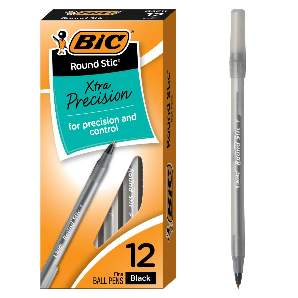 BIC Round Stic Xtra Precision Fine Black Ballpoint Pens, 0.8mm (12-Count Pack) | Smooth Ink Flow - main product image