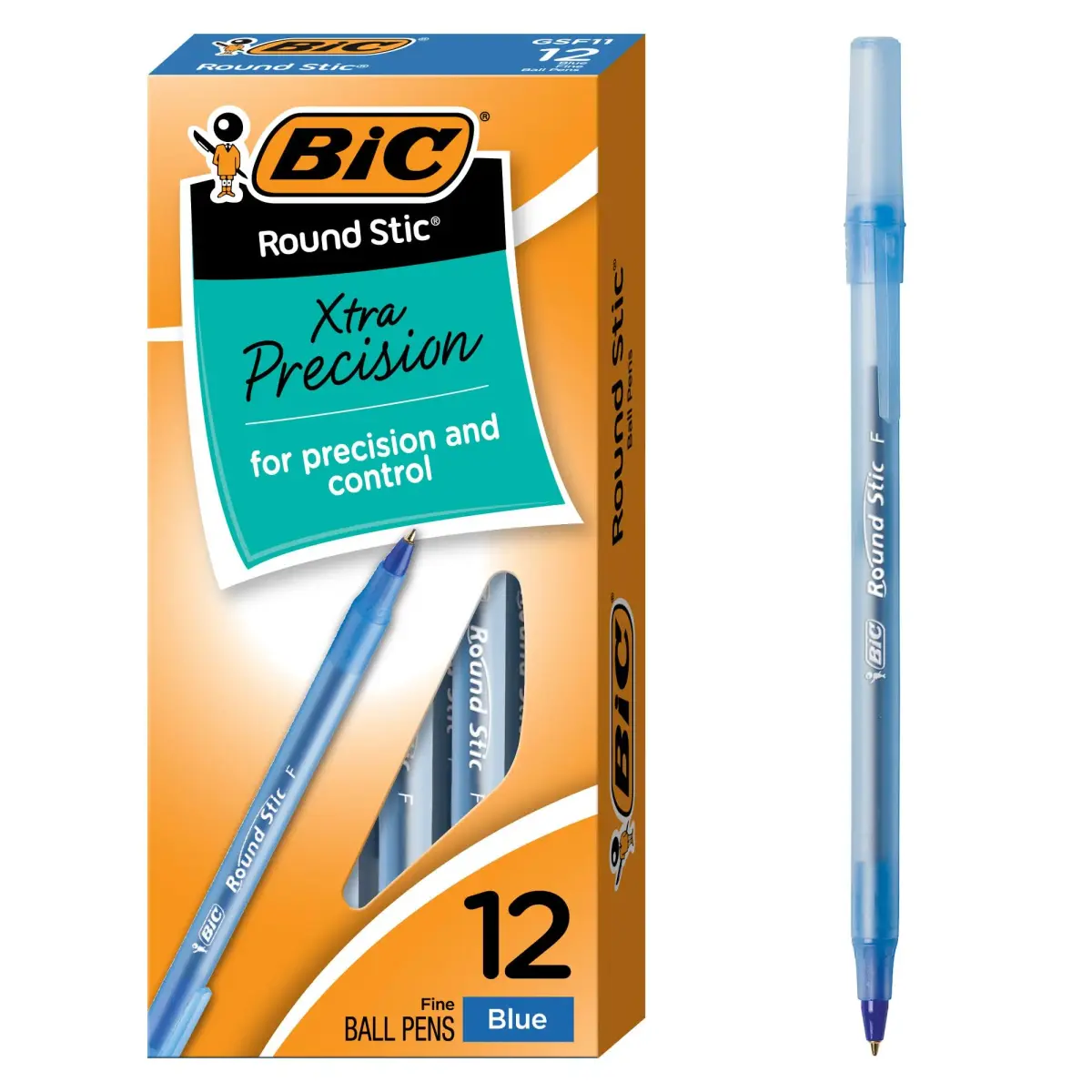 BIC Round Stic Xtra Precision Blue Ballpoint Pens 0.8mm (12-Count Pack) | Smooth Ink Flow - main product image