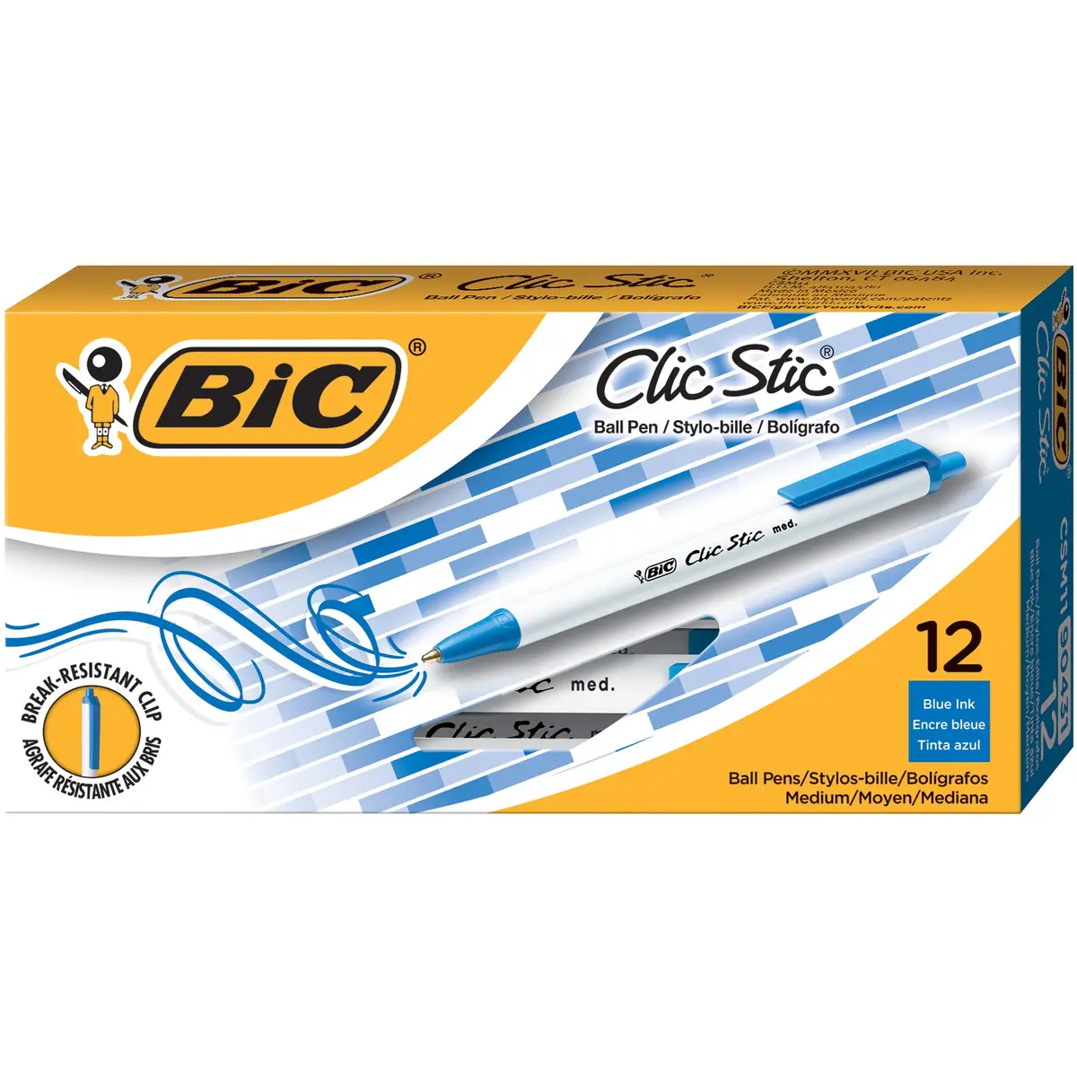 BIC Clic Stic Blue Retractable Ballpoint Pens 12 Pack | Medium Point, Comfortable Round Barrel - main product image