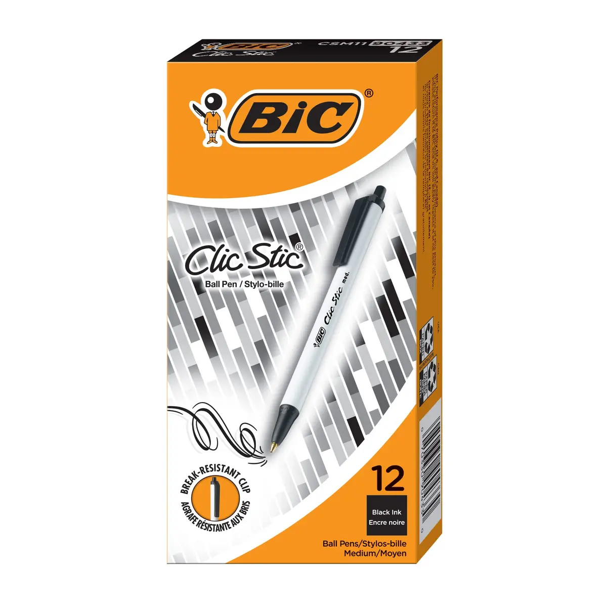 BIC Clic Stic Retractable Ballpoint Pens, Medium Point 1.0mm, Black Ink, 12-Count Pack | Smooth Ink Flow for Students & Office - main product image