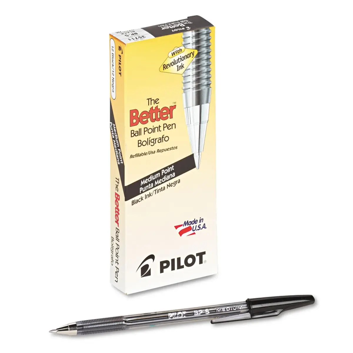 PILOT The Better Ballpoint Pen Refillable Stick, Black Ink, Medium Point, 12-Pack | Smooth Ink Flow - main product image