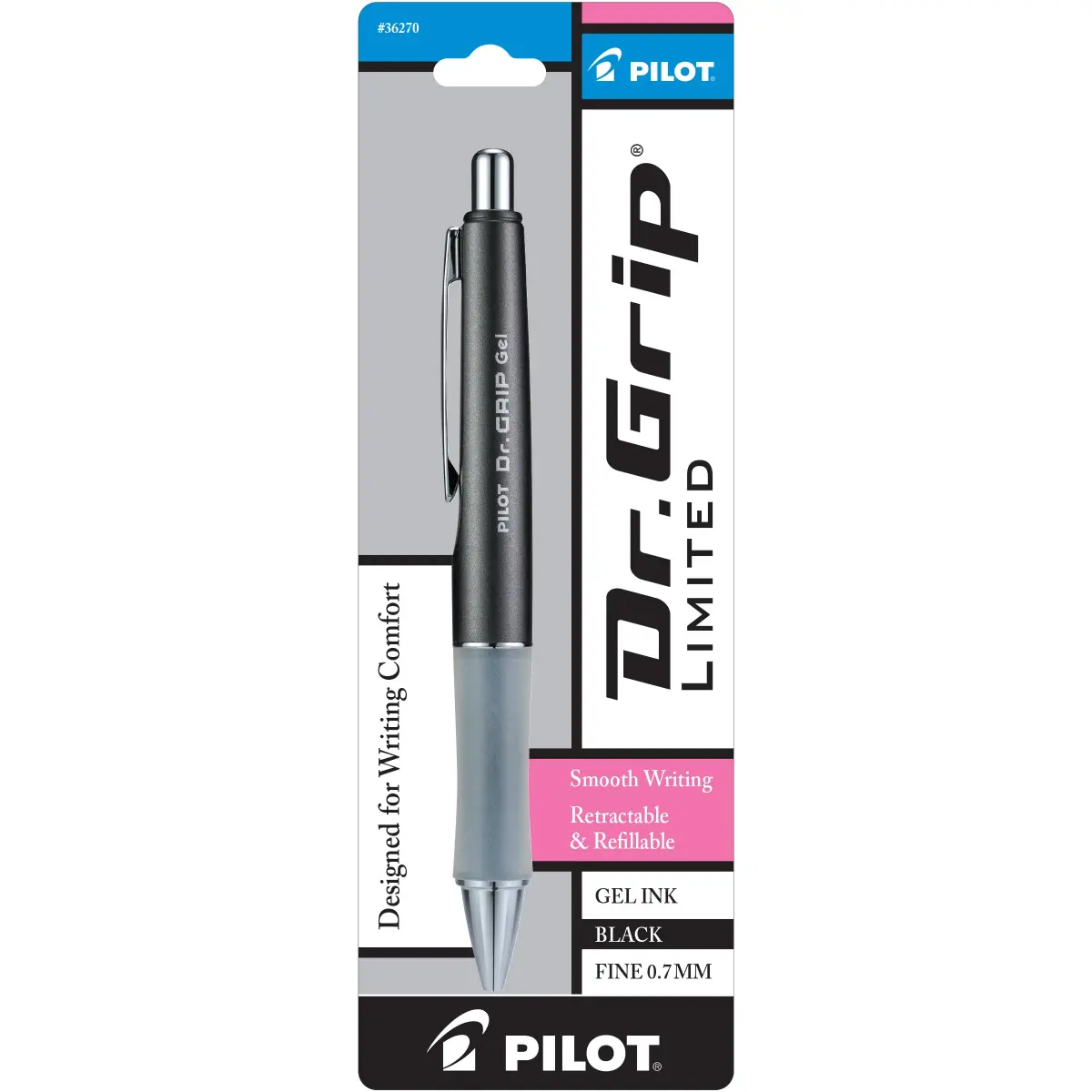 PILOT Dr. Grip Limited Refillable & Retractable Gel Pen, Black Barrel, Fine Point 0.7mm | Arthritis Foundation Commended Ergonomic Grip - main product image