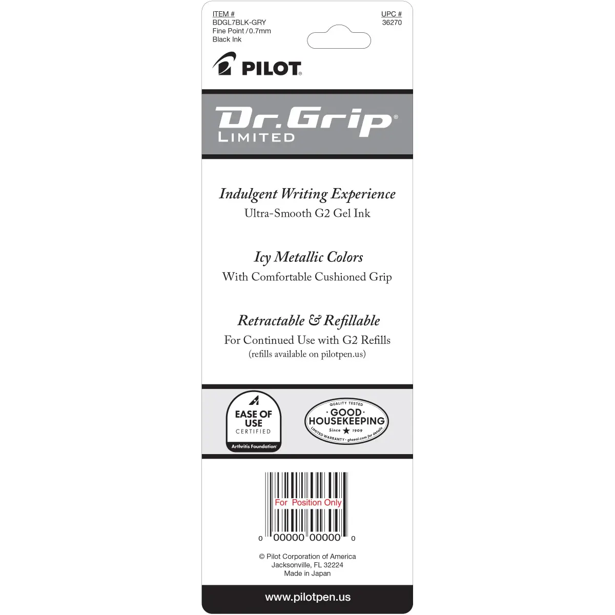 PILOT Dr. Grip Limited Refillable & Retractable Gel Pen, Black Barrel, Fine Point 0.7mm | Arthritis Foundation Commended Ergonomic Grip - view 2