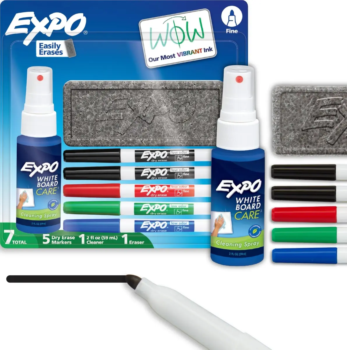 EXPO Dry Erase Markers Kit, Fine Tip, Assorted Colors, Eraser, Spray Cleaner, 7 Count | Vibrant Ink for Clear Communication - main product image
