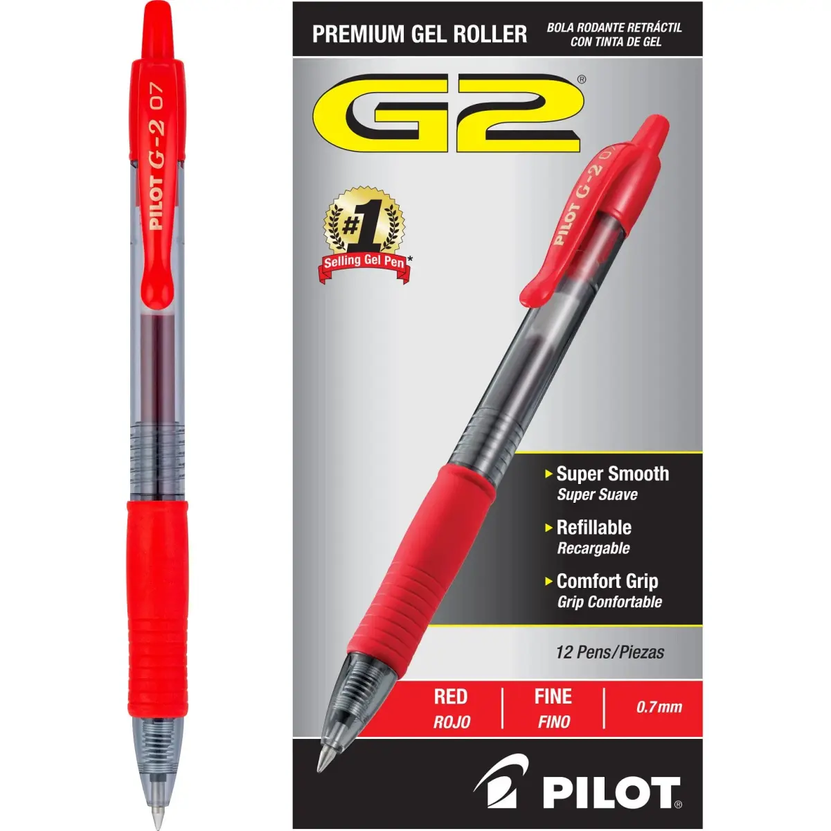 Pilot G2 Premium Gel Roller Pens Fine Point 0.7 mm Red Pack of 12 | Smooth Ink Flow Writing Instrument - main product image