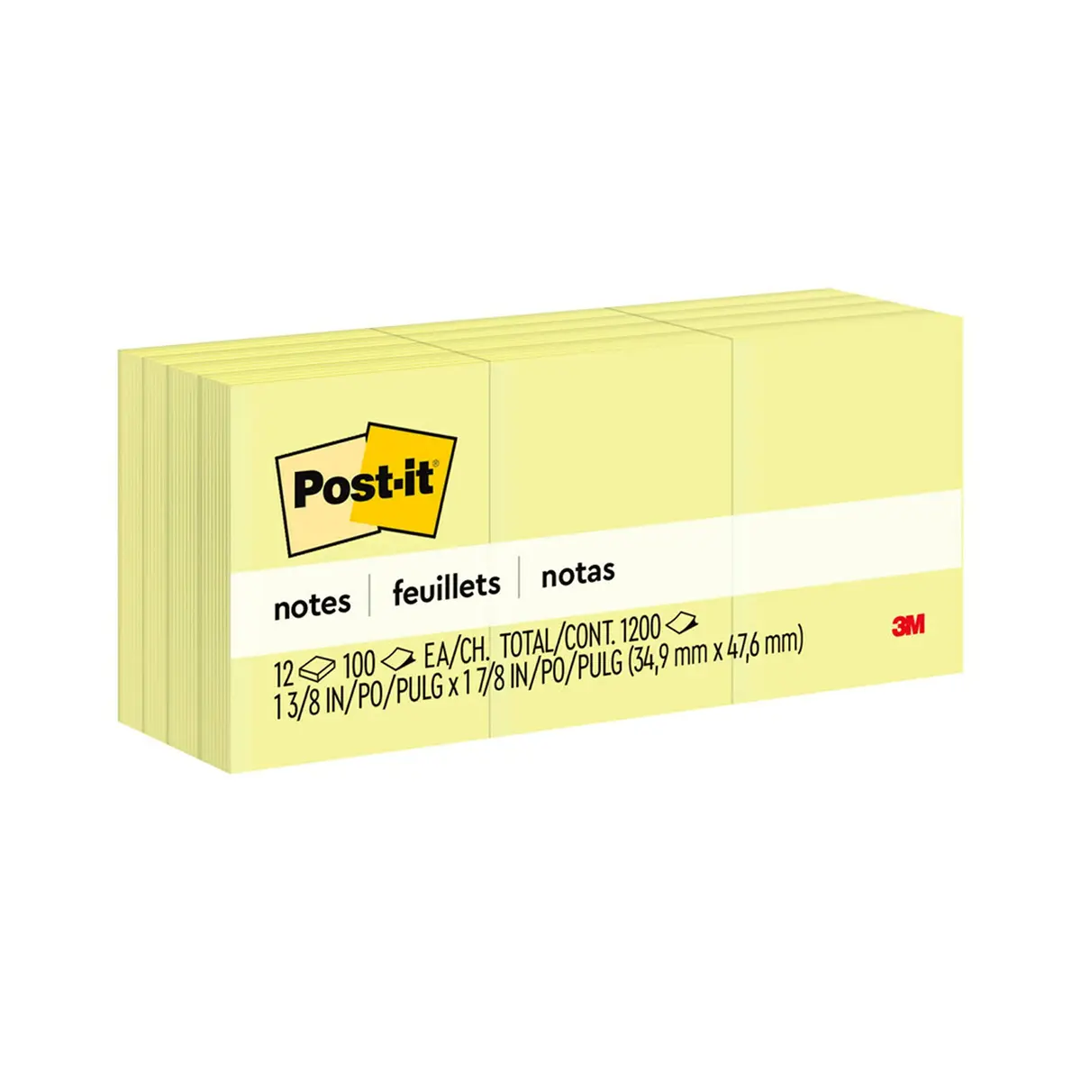 Post-it Notes 1 3/8 x 1 7/8 in | Canary Yellow, 12 Pads, 100 Sheets Each, Original USA Office Supplies - main product image