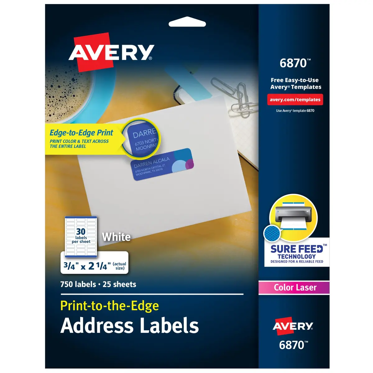 Avery Printable Address Labels 0.75" x 2.25" Matte White 750 Labels | Sure Feed Technology for Laser & Inkjet Printers - main product image