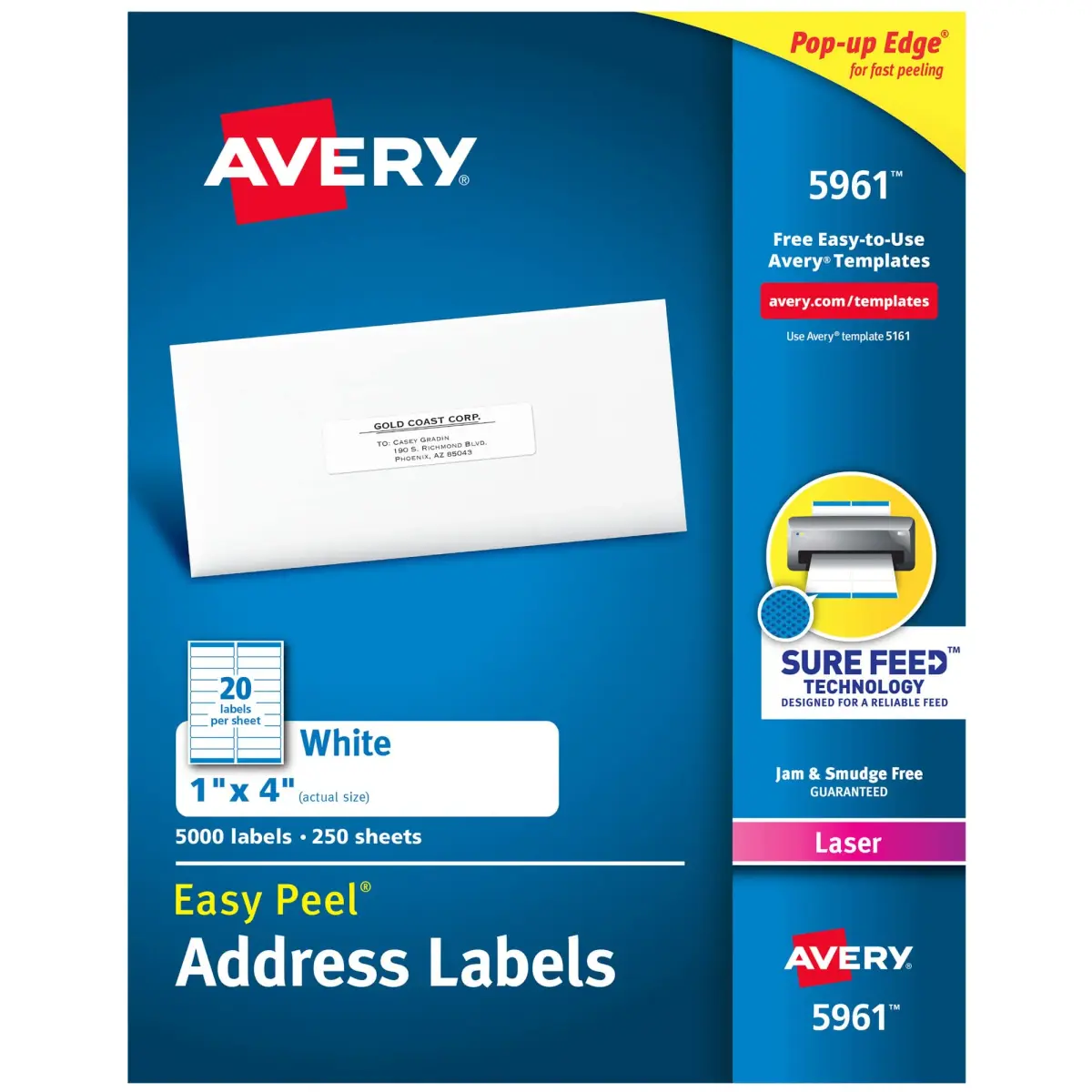 Avery Easy Peel Printable Address Labels with Sure Feed, 1" x 4", White, 5,000 Labels | Professional Grade - main product image