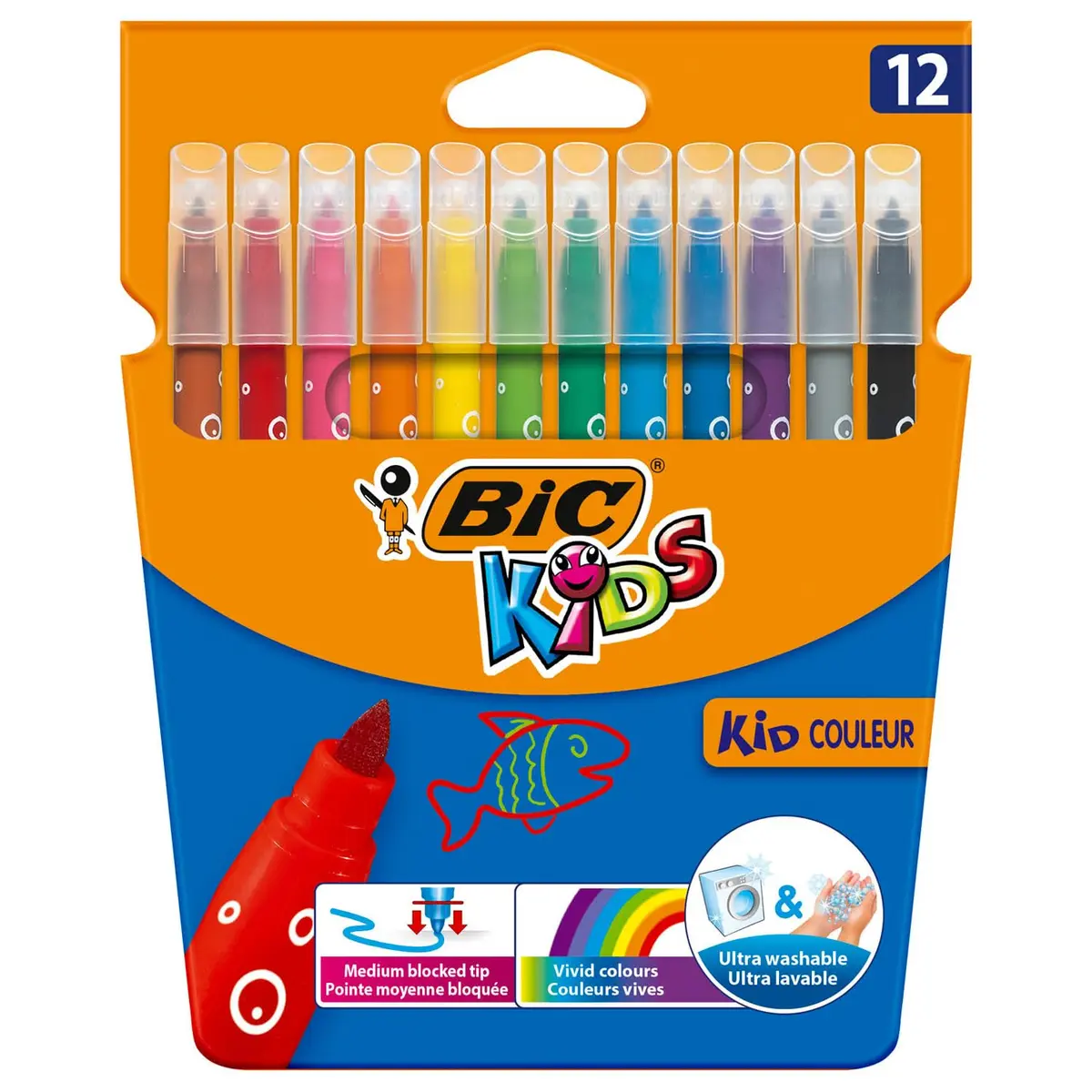 BIC Kids Kid Couleur Felt Tip Colouring Pens - Assorted Colours, Cardboard Wallet of 12 | Washable & Safe for Kids 5+ - main product image