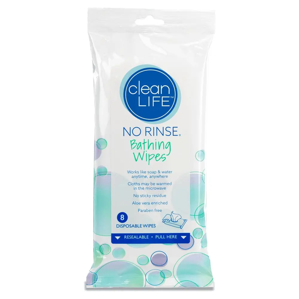 No-Rinse Bathing Wipes - 8 Disposable Body Wipes | Hypoallergenic, Aloe Enriched, Rinse-Free for Adults & Elderly - main product image