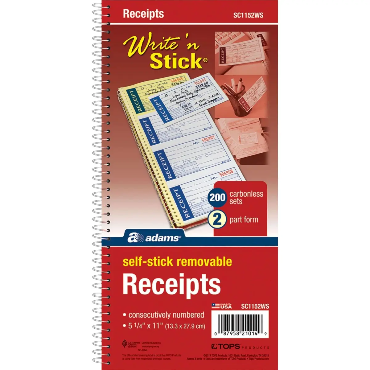 Adams Write n' Stick Receipt Book, 2-Part, Carbonless, White/Canary, 5.25 x 11 inches (13.3 x 27.9 cm) | 200 Sets per Book - view 5