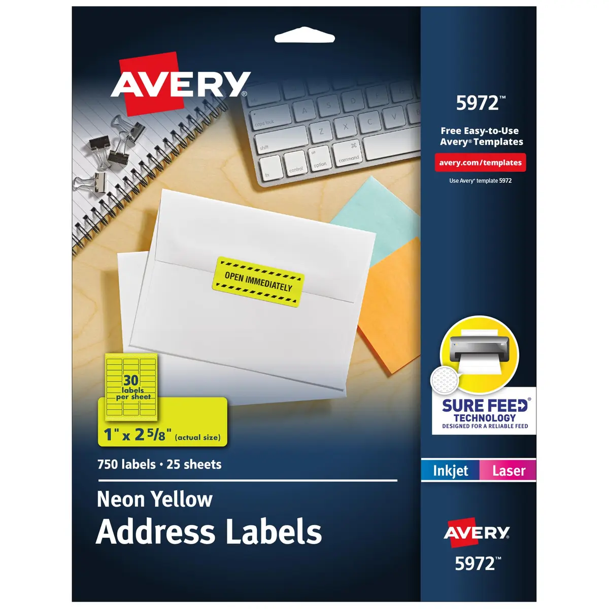 Avery Printable Address Labels 1" x 2-5/8" Neon Yellow | Sure Feed Technology, 750 Labels - main product image