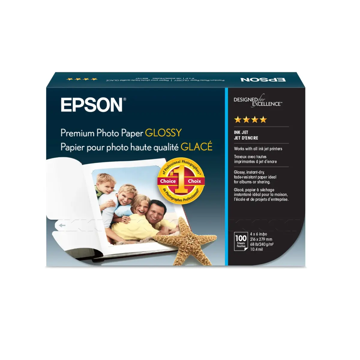 Epson Premium Photo Paper Glossy 4x6 Inches (100 Sheets) | High-Gloss, Water-Resistant Finish - main product image