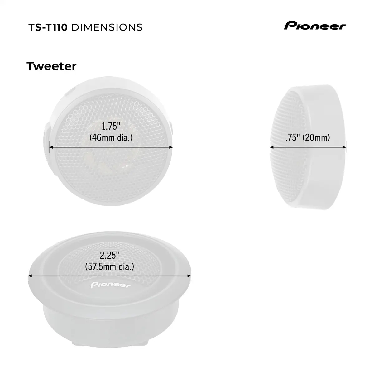 PIONEER TS-T110 7/8" Hard Dome Component Tweeters 120W Max | Clear High-Frequency Detail, Easy Add-On for Clarity, Flush/Surface Mount - view 6