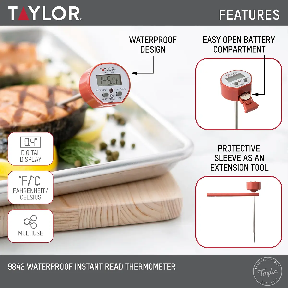 Taylor Waterproof Digital Instant Read Thermometer for Cooking, BBQ, Grilling, Baking, Meat | Waterproof, Recalibratable, 450°F - view 2